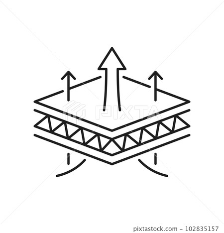 Water repellent surface isolated waterproof protection outline icon. Vector water resistant sign, liquid drop, arrows and shield. Absorption material 102835157