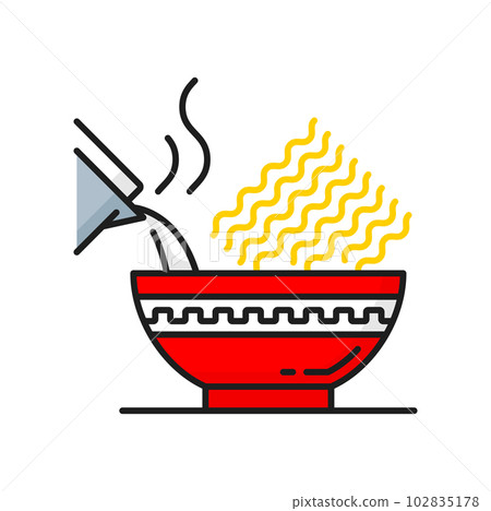 Instant noodles in bowl poured by hot water, fastfood snack isolated line icon. Vector chinese cuisine food, asian meal, takeaway ramen soup 102835178