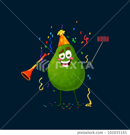 Avocado cartoon character cheer at holiday party. Healthy fruit personage wear festive hat, making selfie and blow pipe under colorful falling confetti at birthday or anniversary celebration occasion 102835181