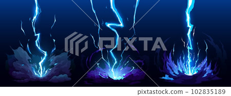 Cartoon blue lightning thunder and storm thunderbolt strike, vector thunderstorm bolts. Cartoon electric flash effects and lightning sparks background with energy charge or anime magic blast explosion 102835189