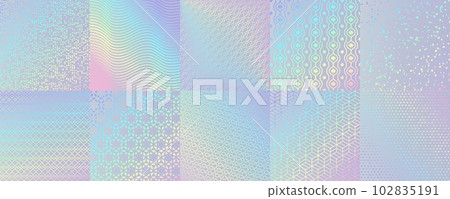Hologram backgrounds with vector texture of rainbow hologram foil or iridescent paper with pastel, neon and metal gradient. Holographic patterns set with geometric ornaments of confetti, stars, waves 102835191