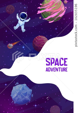 Space landing page. Cartoon astronaut in outer space vector template of business company website or space adventure web page. Fantasy galaxy with color planets, stars, fire and rocky asteroids 102835196