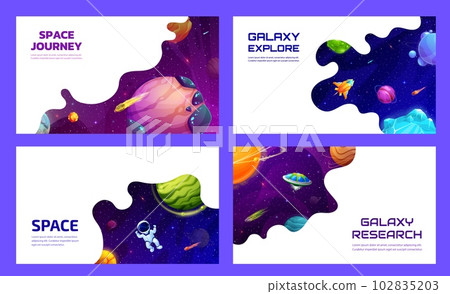 Space landing pages and posters. Space adventure, galaxy research and journey. Astronauts, planets, spaceship, UFO and asteroids on company internet site vector template, web page or horizontal banner Space landing pages and posters. Space adventure, galaxy research and journey. Astronauts, planets, spaceship, UFO and asteroids on company internet site vector template, web page or horizontal banner 102835203