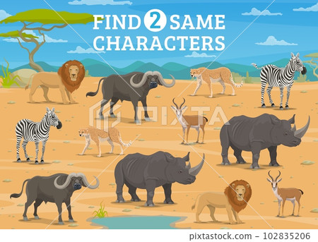 Find two same cartoon african animal characters. Vector worksheet with shades of zebra, rhino, buffalo, lion, antelope and cheetah. Kids game for development of visual cognition, leisure or education Find two same cartoon african animal characters. Vector worksheet with shades of zebra, rhino, buffalo, lion, antelope and cheetah. Kids game for development of visual cognition, leisure or education 102835206
