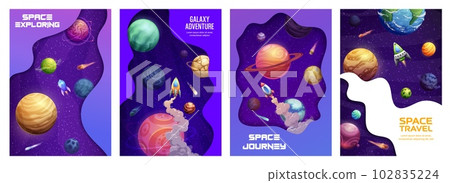 Space landing page. Starry galaxy, planets and rocket spaceship. Company landing page layout, startup launch site vector template or project posters with cartoon rockets in outerspace, planets 102835224