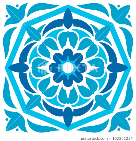Azulejo floor tile abstract geometric majolica. Vector mediterranean pattern, portuguese floor tiles azulejo design, cement talavera mosaic Azulejo floor tile abstract geometric majolica. Vector mediterranean pattern, portuguese floor tiles azulejo design, cement talavera mosaic 102835234