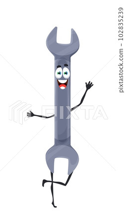 Cartoon wrench spanner tool character, construction works and carpentry equipment, vector item. Funny spanner wrench character with face, DIY workshop tool for repair and construction toolkit 102835239