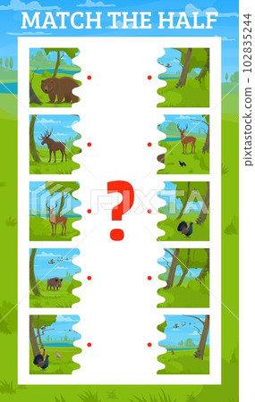 Match the half of cartoon hunting forest animals and birds. Kids vector game worksheet with turkey, duck, boar, goose, bear, deer, fox, hare, elk and lynx wildlife creatures in summer wood riddle task 102835244