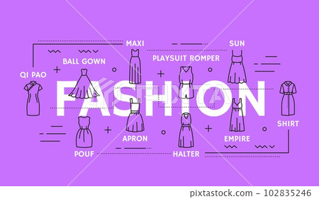 Fashion woman line dresses infographics, vector female clothes and outfit icons. Woman dress models and types, girl style apparel and clothing, retro and modern dresses halter, playsuit and shirt 102835246