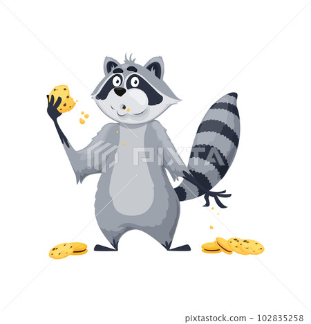 Cartoon raccoon character. Comical and cute baby animal personage eating cookies with chocolate chips, isolated funny raccoon character or mascot chewing sweet pastry dessert 102835258