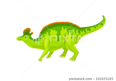 Cartoon lambeosaurus dinosaur character. Isolated vector herbivorous hadrosaur dino that lived in North America during the Cretaceous Period. Paleontology wildlife creature with green skin and crest Cartoon lambeosaurus dinosaur character. Isolated vector herbivorous hadrosaur dino that lived in North America during the Cretaceous Period. Paleontology wildlife creature with green skin and crest 102835265