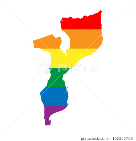 Mozambique country silhouette. Country map silhouette in rainbow colors of LGBT flag. Mozambique country silhouette. Country map silhouette in rainbow colors of LGBT flag. 102835798