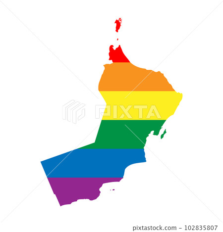 Oman country silhouette. Country map silhouette in rainbow colors of LGBT flag. Oman country silhouette. Country map silhouette in rainbow colors of LGBT flag. 102835807