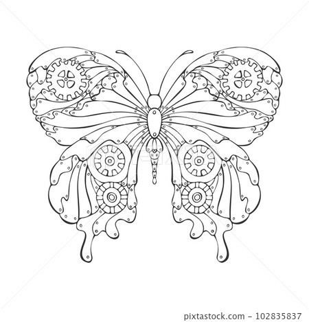 Steampunk butterfly outline linear drawing handmade in doodle style. Steampunk butterfly outline linear drawing handmade in doodle style. 102835837