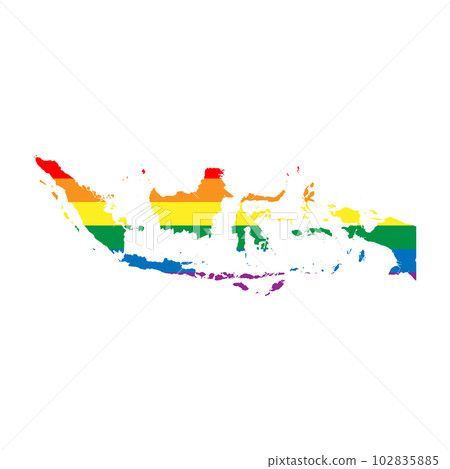 Indonesia country silhouette. Country map silhouette in rainbow colors of LGBT flag. Indonesia country silhouette. Country map silhouette in rainbow colors of LGBT flag. 102835885