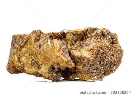 Macro mineral stone Garnet, Green Garnet, Epidote Grossular in the rock on a white background 102836294