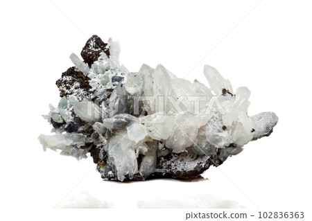 Macro mineral stone Drusus quartz with sphalerite in the rock a white background Macro mineral stone Drusus quartz with sphalerite in the rock a white background 102836363