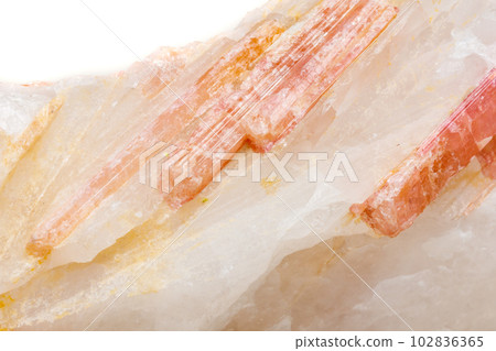 Macro mineral stone Tourmaline in the breed a white background 102836365