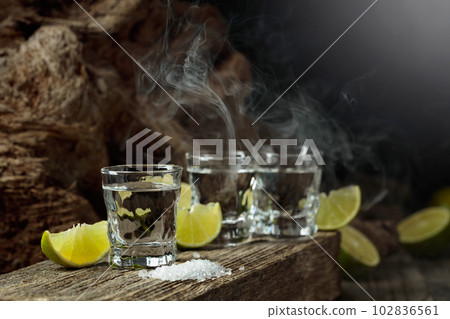 Tequila with salt and lime slices. Tequila with salt and lime slices. 102836561