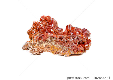 Macro mineral stone Vanadinite on a white background 102836581