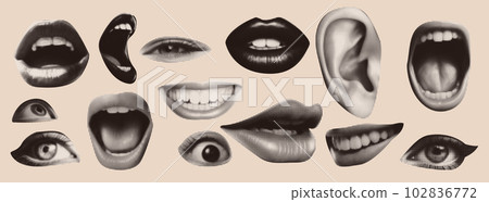 Punk collage elements. Eyes and lips and ear in halftone treatment. Retro magazine clippings. Vintage Vector illustration. 102836772