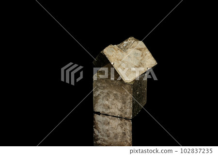 Macro mineral stone Pyrite on a black background 102837235