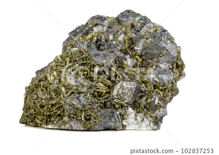 Macro mineral Epidote stone on a white background 102837253