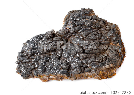 Macro mineral Hematite stone on a white background close-up Macro mineral Hematite stone on a white background close-up 102837280