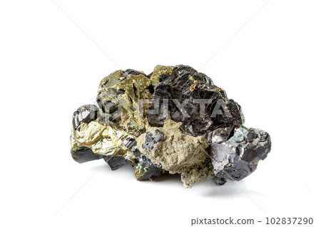 Macro mineral stone  Sphalerite Pyrite on a white background 102837290