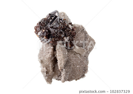 Macro of mineral Sphalerite stone on microcline on white background Macro of mineral Sphalerite stone on microcline on white background 102837329