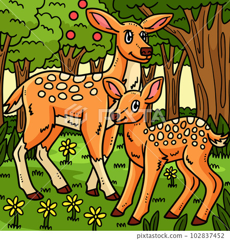 Mother Deer and Baby Deer Colored Cartoon Mother Deer and Baby Deer Colored Cartoon 102837452