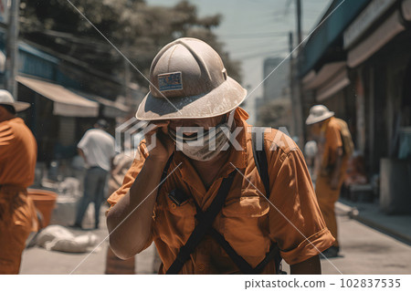 Road repairs workers doing job in hot weather 102837535