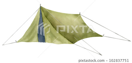 Camp Tent. Hand drawn watercolor illustration of old traditional equipment for hiking or travel on white isolated background. Drawing of retro camping for trip in a forest. Sketch of Campsite. Camp Tent. Hand drawn watercolor illustration of old traditional equipment for hiking or travel on white isolated background. Drawing of retro camping for trip in a forest. Sketch of Campsite. 102837751