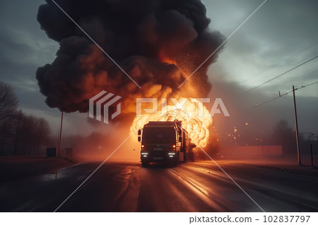 Freight fuel truck explosion with fire and smoke. Generative AI illustration 102837797