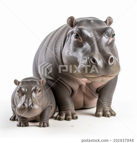 Pygmy hippopotamus and his cub isolated on white background close-up, interesting aquatic animal,  102837848