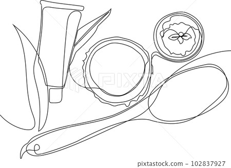 Skin care concept. Landing page template. Morning routine. Bath time. Organic products for scrubbing and body skin care with natural herbal skin care products, top view. Vector illustration Skin care concept. Landing page template. Morning routine. Bath time. Organic products for scrubbing and body skin care with natural herbal skin care products, top view. Vector illustration 102837927