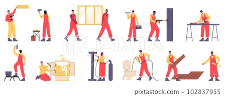 House renovation cartoon workers. People in workwear paint walls and repair plumbing. Install window and air conditioner. Man welds metal structure. Vector builders brigade works set 102837955