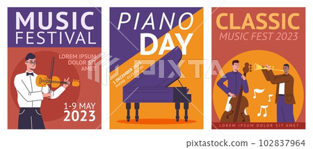 Classic music concert posters. String and wind instruments. Musicians characters. Invitational banners. Symphony orchestra. Acoustic performance. Vector musical festival cards design set 102837964