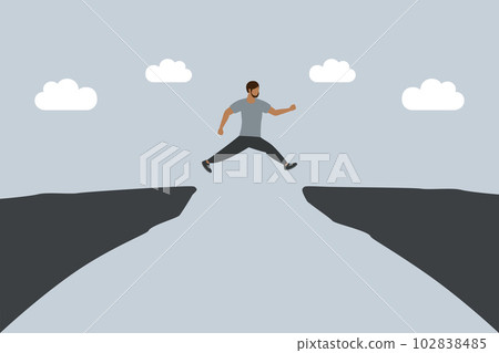 man jumping over a cliff to the other side 102838485