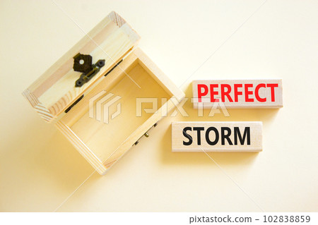 Perfect storm symbol. Concept words Perfect storm on beautiful wooden block. Beautiful white table white background. Empty wooden chest. Business and Perfect storm concept. Copy space. Perfect storm symbol. Concept words Perfect storm on beautiful wooden block. Beautiful white table white background. Empty wooden chest. Business and Perfect storm concept. Copy space. 102838859