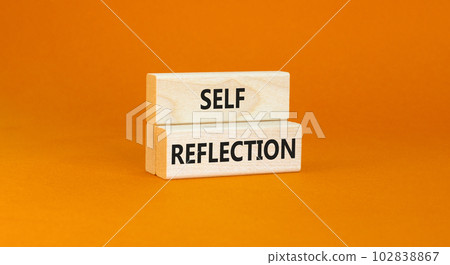 Self reflection symbol. Concept word Self reflection typed on wooden blocks. Beautiful orange table orange background. Business psychological and self reflection concept. Copy space. 102838867
