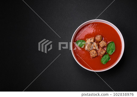 Delicious fresh gazpacho with breadcrumbs, salt and spices in a ceramic plate Delicious fresh gazpacho with breadcrumbs, salt and spices in a ceramic plate 102838976