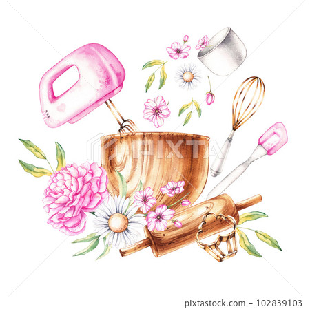 Composition of baking tools and flowers on a white background 102839103