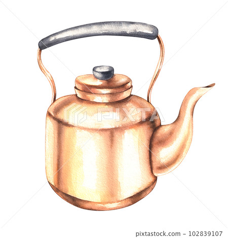 Watercolor illustration of a copper teapot with a black handle 102839107