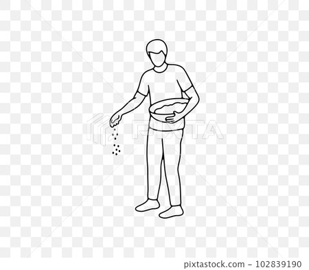 Man pouring grain from a basket, farmer and agriculture, linear graphic design. Man sows grain throwing it on the ground, farm and farming , vector design and illustration 102839190