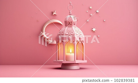 Eid Mubarak pink background with lantern. Illustration AI Generative 102839381