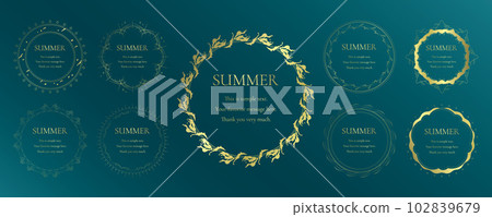Material_Set of frames_A summer decorative frame with motifs of the sun, the sea, and the sky. Luxury design of gold surroundings 102839679