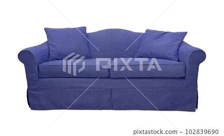 Violet sofa with pillows isolated on white background. Violet textile couch isolated 102839690