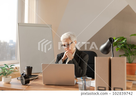 Confident stylish european middle aged senior woman using laptop at workplace. Stylish older mature 60s gray haired lady businesswoman sitting at office table. Boss leader teacher professional worker Confident stylish european middle aged senior woman using laptop at workplace. Stylish older mature 60s gray haired lady businesswoman sitting at office table. Boss leader teacher professional worker 102839742