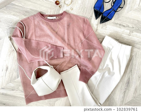 Spring/Summer Fashion Sheer see-through Pink Lame Tops and White Pants Coordination 102839761